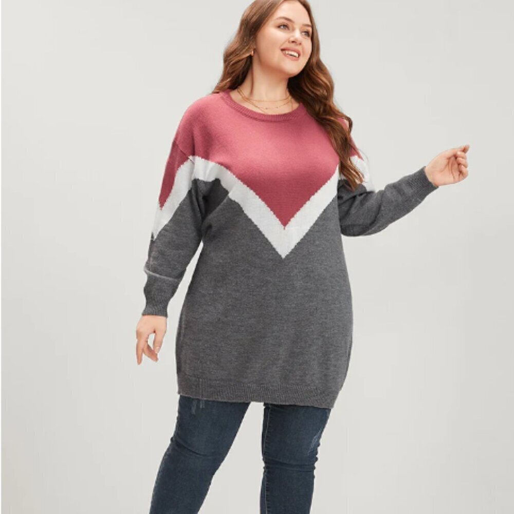 BloomChic Colorblock Contrast Pointelle Knit Round Neck Mid Long Knit Top